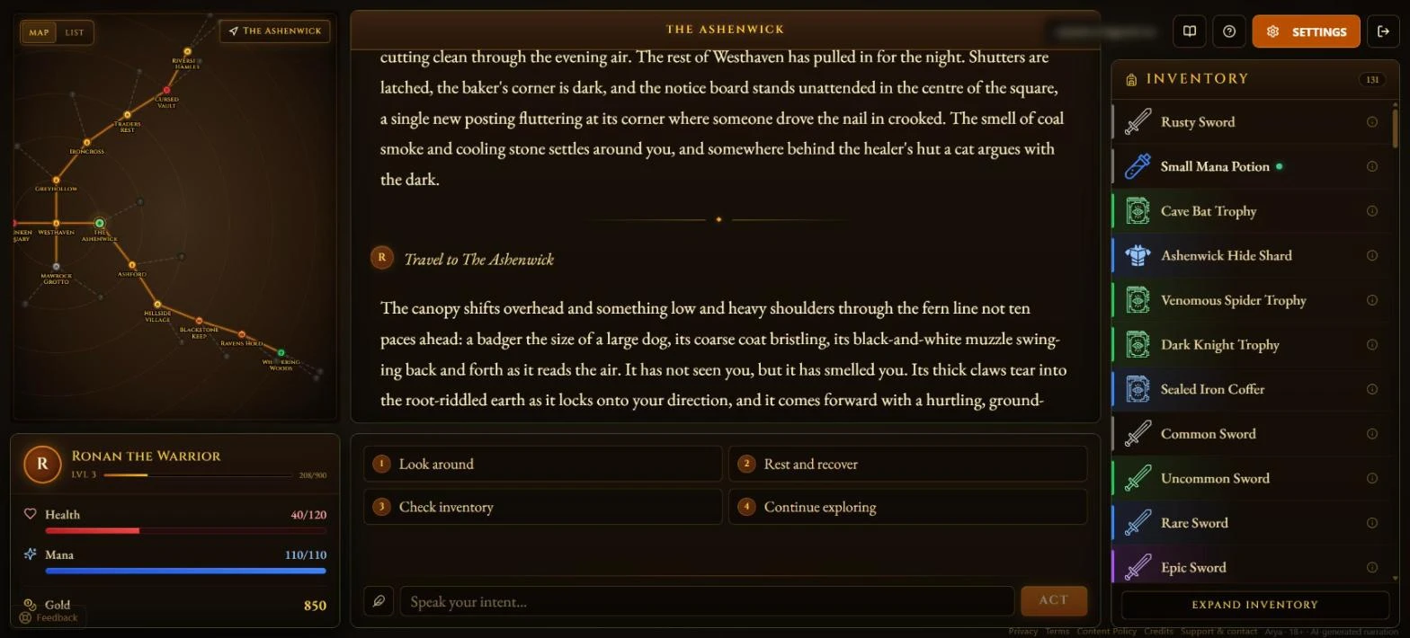 The Arya game screen several sessions in: a map of a dozen places walked, the character sheet at level 3, the story and a full inventory.